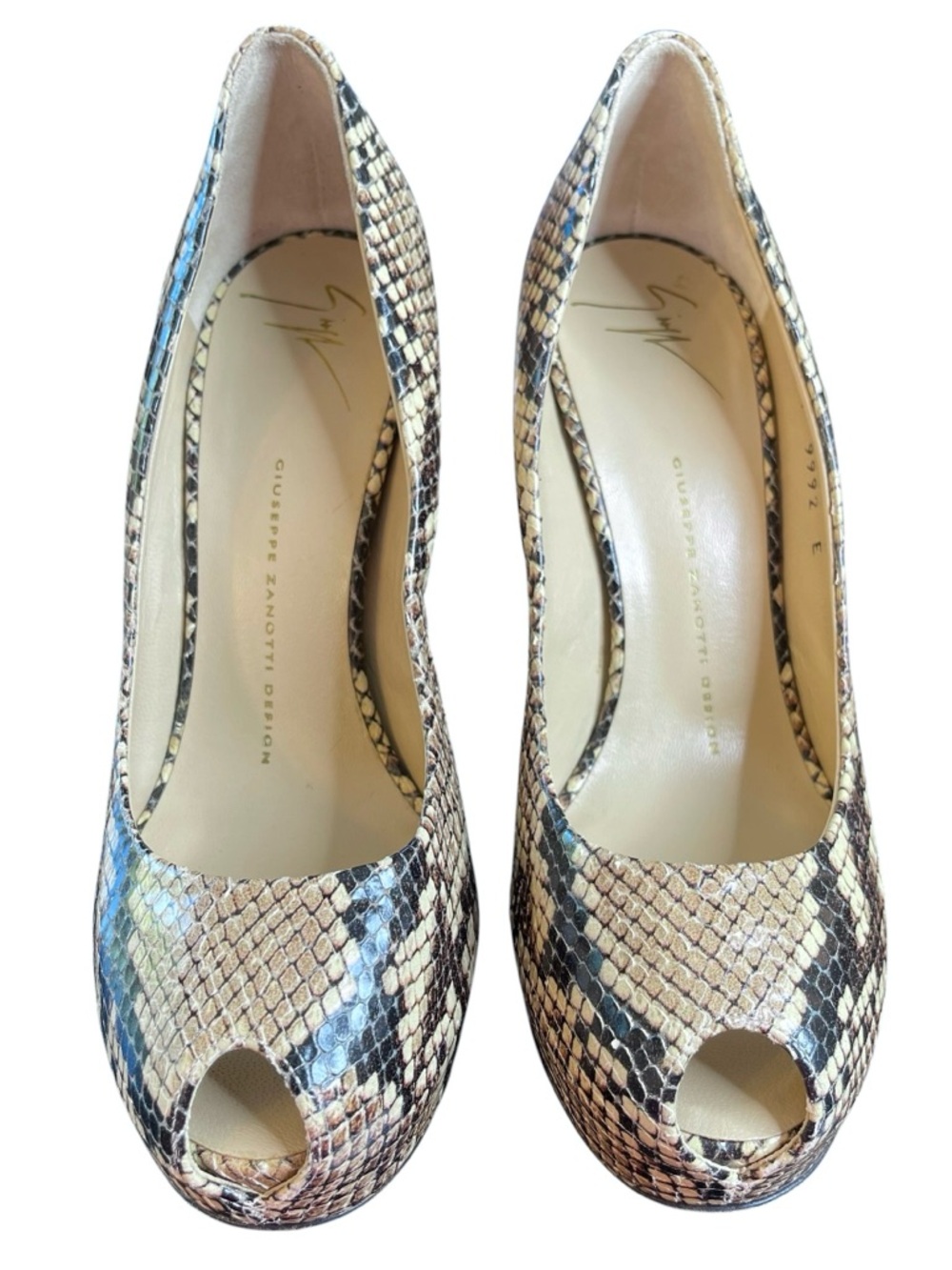 Vintage Giuseppe Zanotti Heels Peep Toe Hidden Platform Leather Python Snakeskin